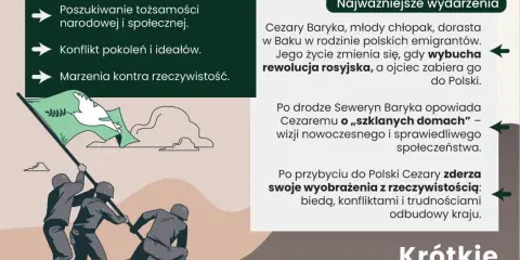 Ilustracja przedstawia grupę ludzi wspinających się na górę i wciągających flagę z gołębicą pokoju.