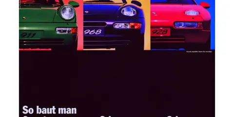 Porsche 911, 968 und 928 in leuchtenden Farben. Die Porsche Werbung zeigt, wie Sportwagen gebaut werden.