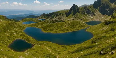 Siedem Rilskich Jezior w górach w Bułgarii. Lśniące tafle wody otoczone zielonymi zboczami.