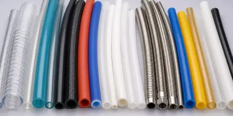 Gamme de tuyaux : transparent, bleu, rouge, noir, blanc, jaune, or et métal. Un tuyau plastique transparent est visible.