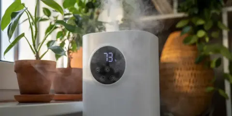 Luftbefeuchter sorgt für optimale Luftfeuchtigkeit für Pflanzen. Nebel steigt auf und umhüllt die grünen Blätter.