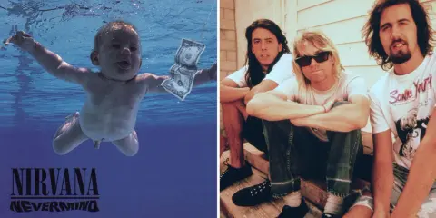 En bebis simmar under vattnet mot en dollar-sedel, bredvid medlemmar av Nirvana.