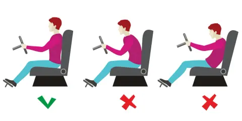 La postura correcta para conducir es sentarse erguido, con la espalda apoyada y los brazos ligeramente flexionados.