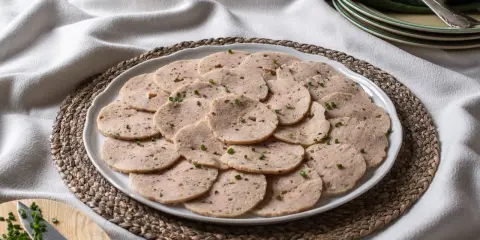 Rodajas de fiambre de pollo casero, decoradas con cebollino fresco, listas para disfrutar.