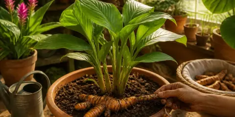 Arrosage d'un curcuma en pot. Des rhizomes orangés émergent de la terre, prêts à être plantés ou récoltés.