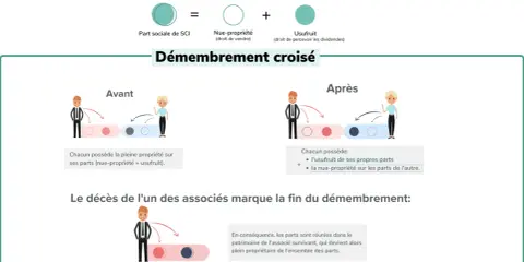 Schéma expliquant le démembrement croisé de parts de SCI, une stratégie pour la résidence principale.