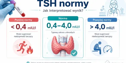 Norma TSH dla 40-latki: poniżej 0,4 mlU/I (nadczynność), 0,4-4,0 mlU/I (norma), powyżej 4,0 mlU/I (niedoczynność).