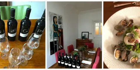 Weinprobe mit verschiedenen Sherry-Sorten: Fino, Manzanilla, Amontillado, Oloroso, Cream und Pedro Ximénez. Dazu ein Teller mit Muscheln und Gemüse.