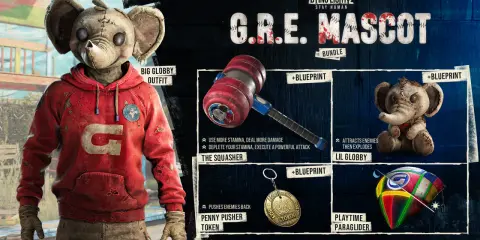 Postać z Dying Light 2 w stroju "Big Globby Outfit", młot "The Squasher", pluszowy słoń "Lil Globby" i paralotnia "Playtime Paraglider" z pakietu G.R.E. Mascot.
