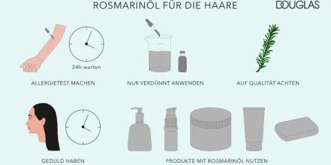 Rosmarinöl für die Haare: Allergietest, verdünnt anwenden, Qualität prüfen. Geduld haben und Produkte mit Rosmarinöl nutzen.