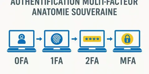 Illustration montrant l'évolution de l'authentification : d'un facteur (OF A) à l'authentification multi-facteur (MFA) via empreinte digitale et mot de passe.