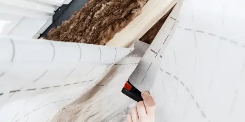 Eine Hand schneidet mit einem Cutter eine Dampfsperre Wand. Dahinter sind Holzsparren und Dämmwolle zu sehen.
