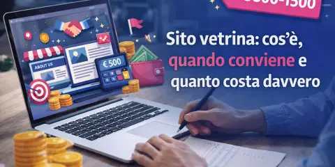 Un laptop mostra un sito vetrina con icone di affari e denaro. Il **significato** del costo di un sito vetrina, da 500 a 1500 euro, è spiegato.