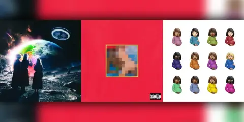 Okładki albumów z kosmiczną sceną, czerwoną z pikselami i ciążowymi emoji. Idealne do słuchania rap bez przekleństw.