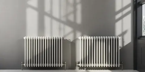 Deux radiateurs blancs classiques, parfaits pour reconnaître un radiateur haute température, projettent des ombres sur un mur gris.