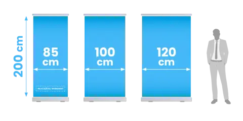 Porównanie wymiarów roll-upów: 85 cm, 100 cm i 120 cm szerokości, wszystkie o wysokości 200 cm. Obok sylwetka mężczyzny dla skali.