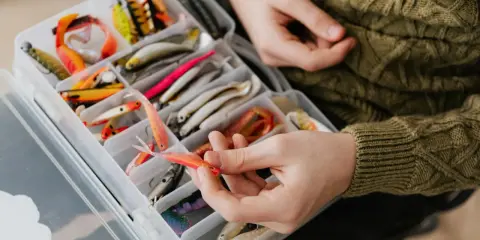Ręce wybierają przynętę z pudełka. Wkrótce dowiesz się, jak zahaczyć rybę na żywca, używając tych realistycznych imitacji.