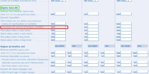 Déclaration fiscale : ligne "prestations de services et locations meublées" sous le régime micro BIC, pour des revenus fonciers ou loyers, avec ou sans charges.