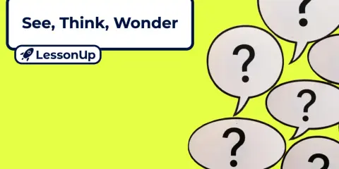 See, Think, Wonder" met vraagtekens in spraakballonnen, een uitnodiging tot verschillende werkvormen.