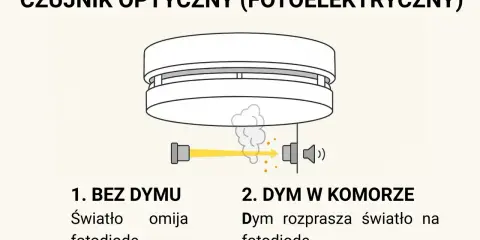 Ilustracja pokazuje, jak działa czujnik dymu. Bez dymu światło omija fotodiodę. Gdy pojawi się dym, rozprasza światło, aktywując alarm.