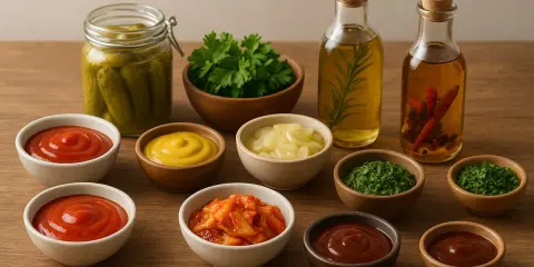 Assortiment de sauces et condiments : ketchup, moutarde, cornichons, herbes, huiles aromatisées. Les 10 sauces les plus utilisés pour accompagner vos plats.