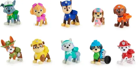 Kolekcja zabawek z Psiego Patrolu: Rocky, Skye, Chase, Liberty, Zuma, Tracker, Rubble, Everest, Rex i Marshall gotowi do akcji.