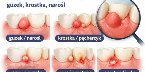 Ilustracja pokazuje różne zmiany na dziąśle: guzek, krostkę, ropę i przetokę, a także ranę. Widoczny jest ząb w dziąśle z guzem.