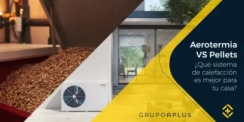 Comparativa entre aerotermia y pellets para tu hogar. Una unidad exterior de aerotermia junto a un depósito de pellets.