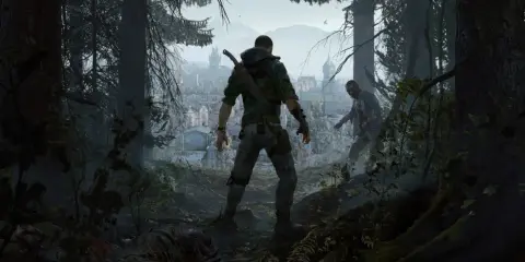 Gracz w Dying Light przygotowuje się do walki z zombie, miasto w tle. Czas gry toczy się dalej.