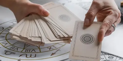 Dłonie trzymają talię kart, jedna karta jest wyciągnięta. W tle widać diagramy astrologiczne. To zapowiedź wróżby z **tarot 4 karty**.
