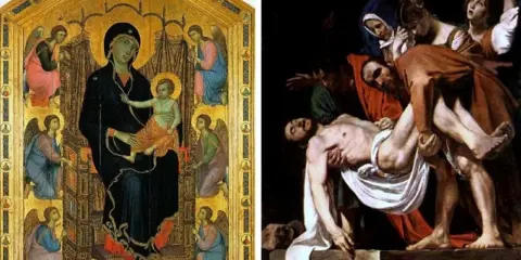 Madonna z Krużlowej, otoczona aniołami, obok sceny złożenia Chrystusa do grobu.