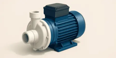 Pompa idraulica blu e bianca, con motore elettrico. Illustra come funziona una pompa idraulica, creando un flusso.
