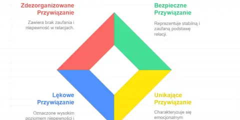 Diagram przedstawia cztery style przywiązania: bezpieczne, lękowe, unikające i zdezorganizowane.