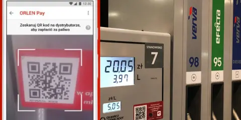 Aplikacja ORLEN Pay pokazuje kod QR do płatności za paliwo. Obok dystrybutor z cenami, sugerując, czy na Orlenie można płacić Blikiem.