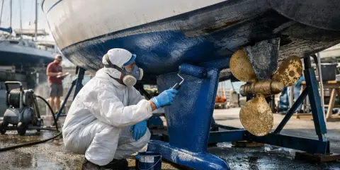 Un homme en combinaison blanche et masque peint la coque bleue d'un bateau. Le calle bateau est en cours de rénovation.