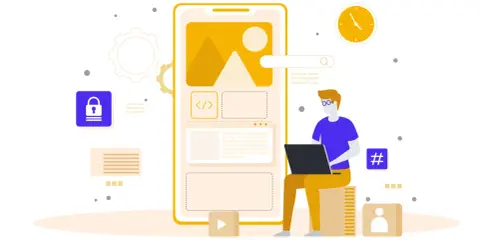 Tworzenie aplikacji: programista z laptopem przy ekranie telefonu, ikony kodu, blokady i zegara. To jest specyfikacja wymagań.