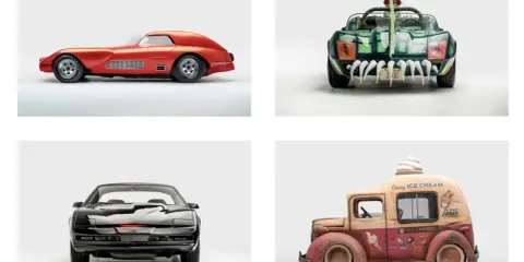Colección de coches mas famosos: el rojo futurista, el verde monstruoso, el negro KITT y un camión de helados vintage.
