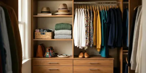 Un dressing bien rangé avec des chapeaux, des pulls pliés, des sacs et des vêtements suspendus. Idéal pour ranger son dressing.