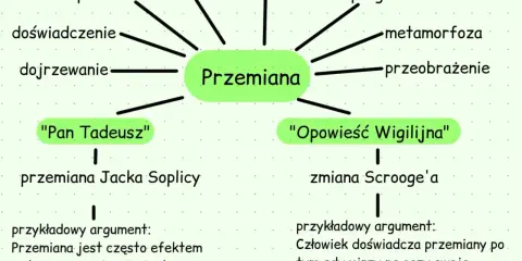 Mapa myśli: "Przemiana" z hasłami: podróże, zmiana, nowość, progres, metamorfoza, przeobrażenie, doświadczenie, dojrzewanie, przykłady: "Pan Tadeusz", "Opowieść Wigilijna".