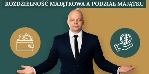Mężczyzna w garniturze prezentuje symbole portfela i dłoni z monetą, sugerując rozdzielność majątkową i podział majątku.