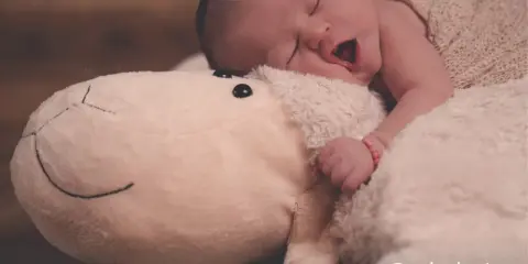 Słodkie niemowlę śpi z otwartą buzią, wtulone w pluszową owieczkę.