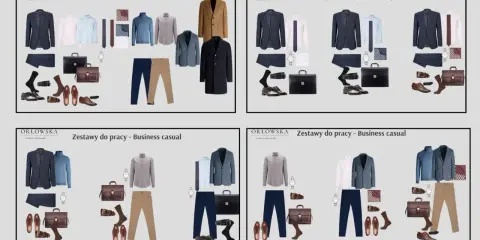 Kolekcje ubrań w stylu business casual: marynarki, koszule, spodnie, buty, torby i akcesoria.