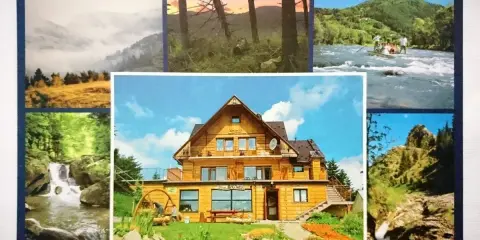 Widok na bacówkę Królowej Jadwigi, otoczoną górami, lasami i rwącą rzeką.