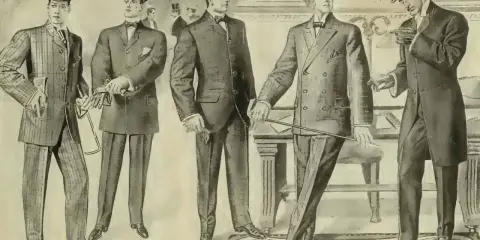 Five men in vintage cocktail attire, showcasing suits, hats, and accessories.