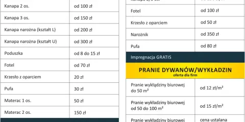 Pranie tapicerki samochodowej cennik: kanapy, fotele, krzesła, pufy, materace. Ceny od 8 zł. Dostępne też czyszczenie skór.