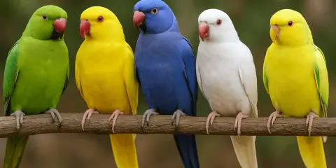 Cinque parrocchetti dal collare dai colori vivaci: verde, giallo, blu, bianco e giallo, siedono su un ramo.