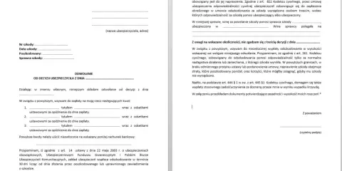Formularz odwołanie od decyzji ubezpieczyciela, zawierający dane szkody, uzasadnienie i wezwanie do zapłaty.