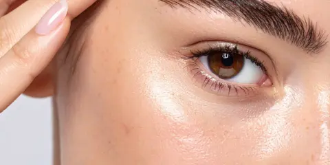 Gros plan sur un œil et un sourcil, la peau présente des taches et des cernes creuses, une main effleure le front.
