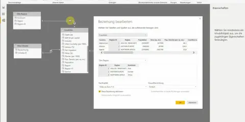 Power BI-Beziehungen bearbeiten: Länder- und Regionsdaten werden verknüpft. Ein Power BI Tutorial zur Datenmodellierung.
