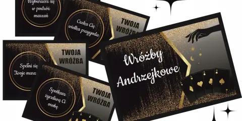 Złote karty i błyszczące napisy zapowiadają magiczne gry na andrzejki: "Wybierzesz się w podróż marzeń", "Czeka Cię wielka przygoda", "Spełni się Twoje marz", "Spotkasz życzliwą Ci osobę".